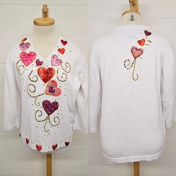 Vintage Terazzo Beaded and Embroidered Valentine's Day Sweater in White Sz Large - Picture 1 of 12